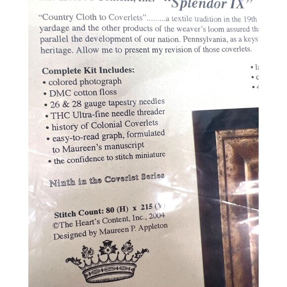 RARE Splendor IX Colonial Coverlet Cross Stitch Kit 132 By The Hearts Content - Picture 3 of 5